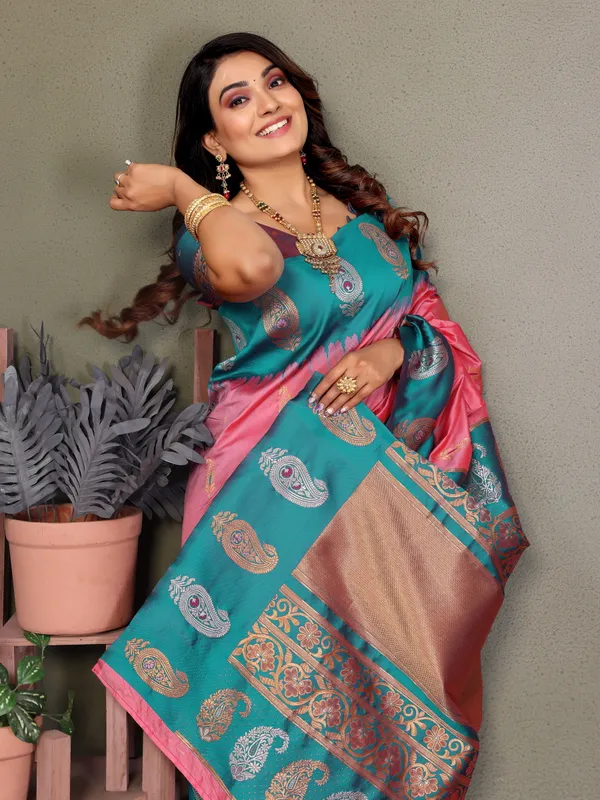Pink_Blue_Banarasi_Silk_Saree_With_Unstitched_Blouse_Piece_|_For_Women