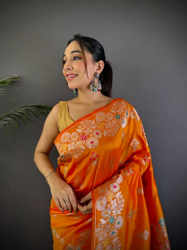 Orange_Banarasi_Silk_Saree_With_Unstitched_Blouse_Piece_|_For_Women