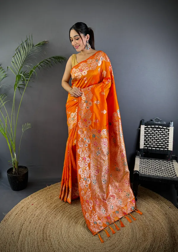 Orange_Banarasi_Silk_Saree_With_Unstitched_Blouse_Piece_|_For_Women