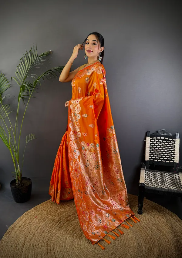 Orange_Banarasi_Silk_Saree_With_Unstitched_Blouse_Piece_|_For_Women