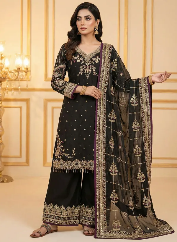 Black_Heavy_Embroidered_Kurti_with_Palazzo_&_Dupatta_Suit_Set_|_For_Women