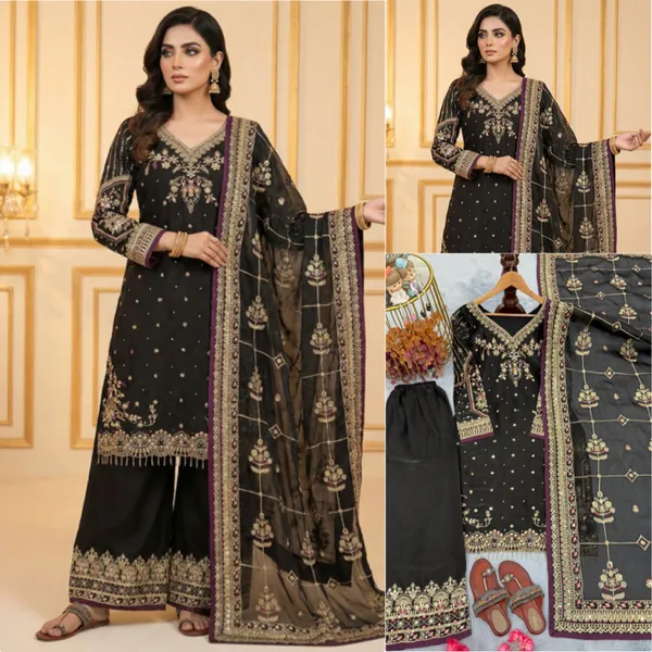 Black_Heavy_Embroidered_Kurti_with_Palazzo_&_Dupatta_Suit_Set_|_For_Women