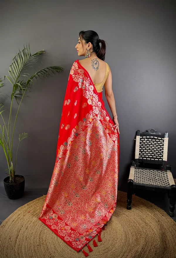 Red_Banarasi_Silk_Saree_With_Unstitched_Blouse_Piece_|_For_Women