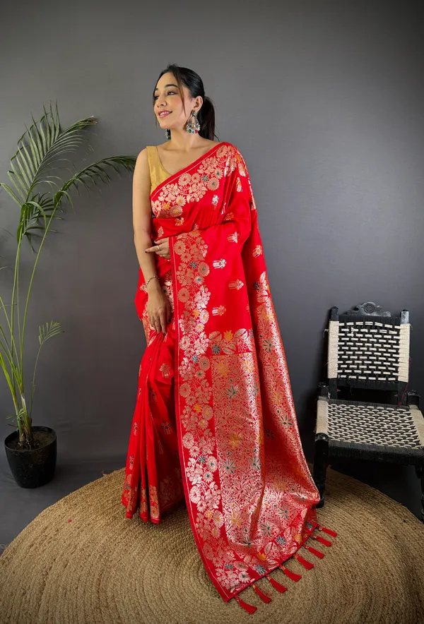 Red_Banarasi_Silk_Saree_With_Unstitched_Blouse_Piece_|_For_Women