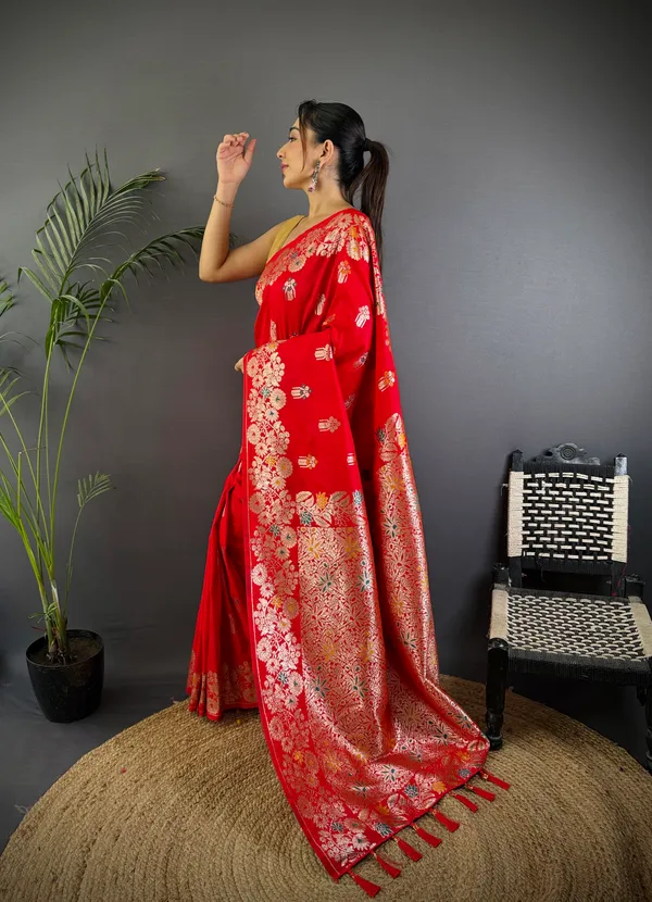 Red_Banarasi_Silk_Saree_With_Unstitched_Blouse_Piece_|_For_Women
