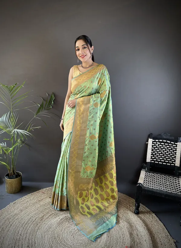 Pista_Green_Banarasi_Silk_Saree_With_Unstitched_Blouse_Piece_|_For_Women