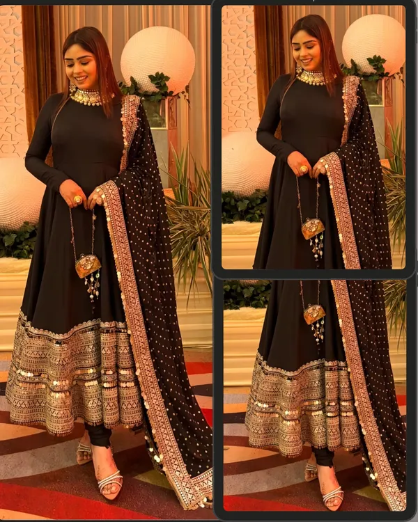 Black_Embroidered_Anarkali_Kurti_Pant_With_Dupatta_Suit_Set_|_For_Women