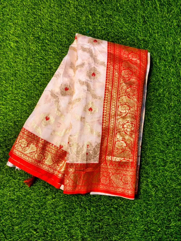White_Banarasi_Silk_Saree_With_Unstitched_Blouse_Piece_|_For_Women