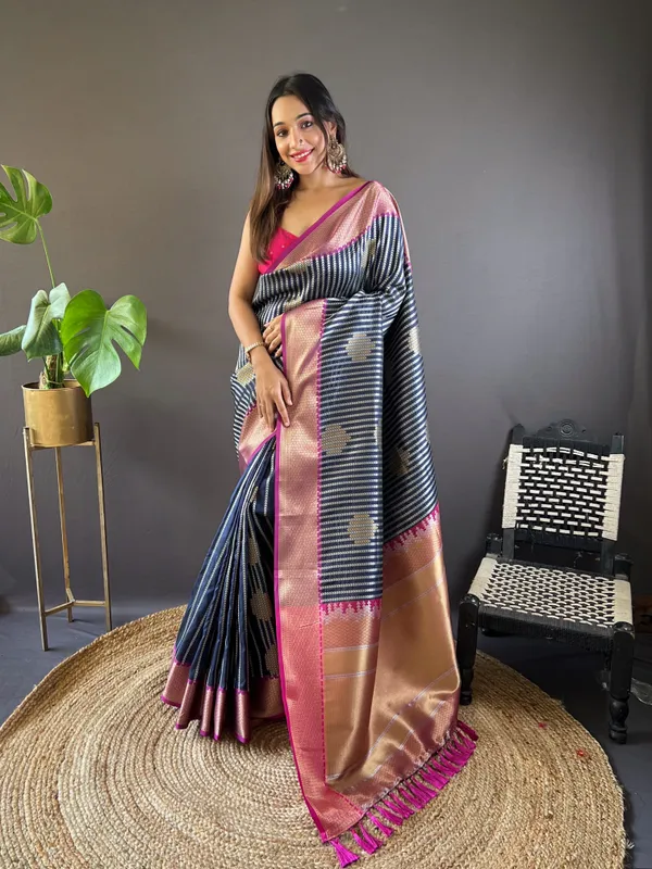 Navy_Blue_Banarasi_Silk_Saree_With_Unstitched_Blouse_Piece_|_For_Women