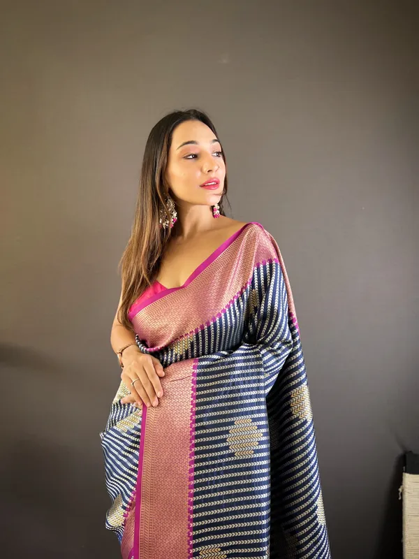 Navy_Blue_Banarasi_Silk_Saree_With_Unstitched_Blouse_Piece_|_For_Women