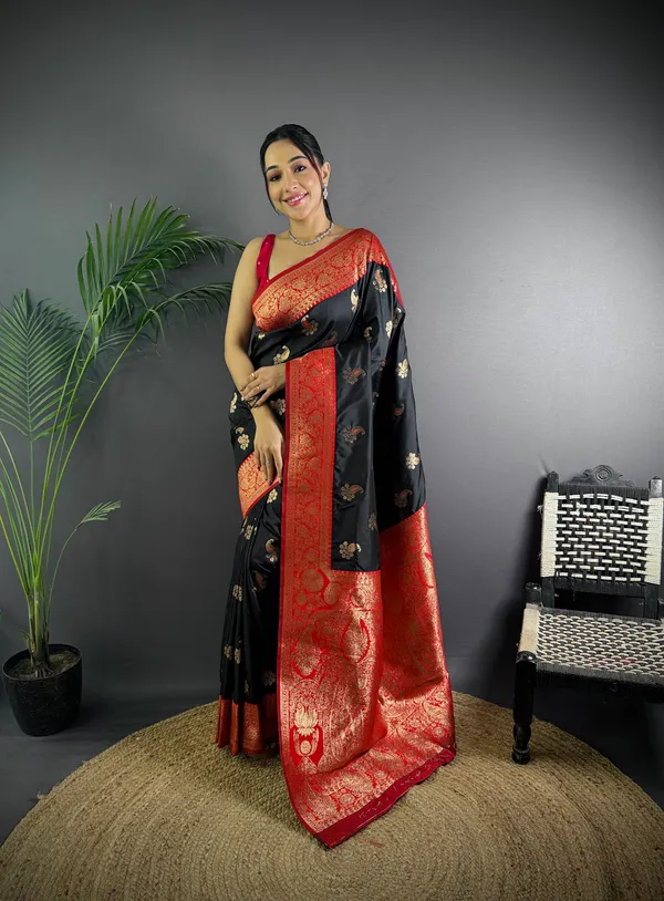 Black_Banarasi_Silk_Saree_With_Unstitched_Blouse_Piece_|_For_Women