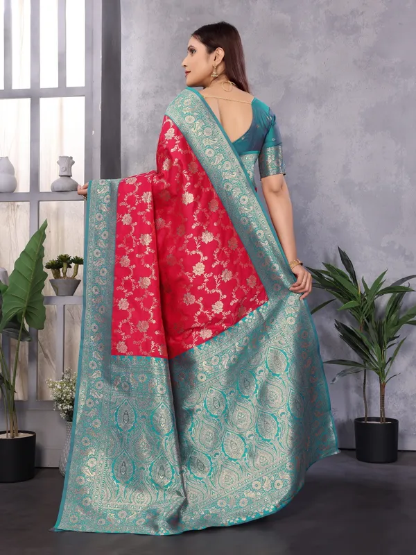 Strawberry_Red_Banarasi_Silk_Saree_With_Unstitched_Blouse_Piece_|_For_Women