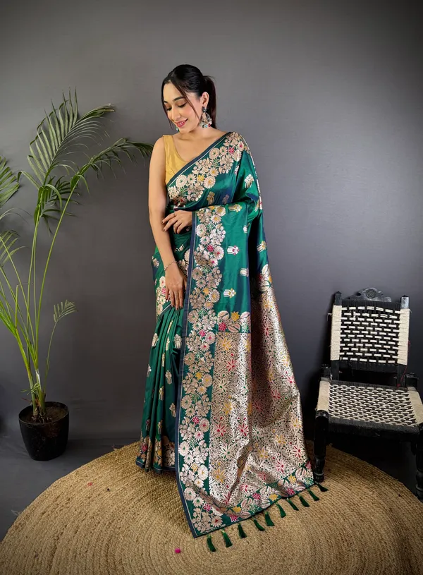 Bottle_Green_Banarasi_Silk_Saree_With_Unstitched_Blouse_Piece_|_For_Women