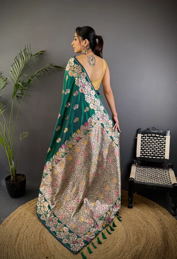 Bottle_Green_Banarasi_Silk_Saree_With_Unstitched_Blouse_Piece_|_For_Women