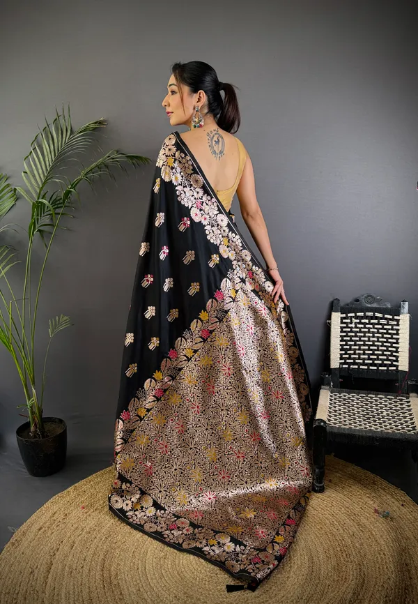 Black_Banarasi_Silk_Saree_With_Unstitched_Blouse_Piece_|_For_Women