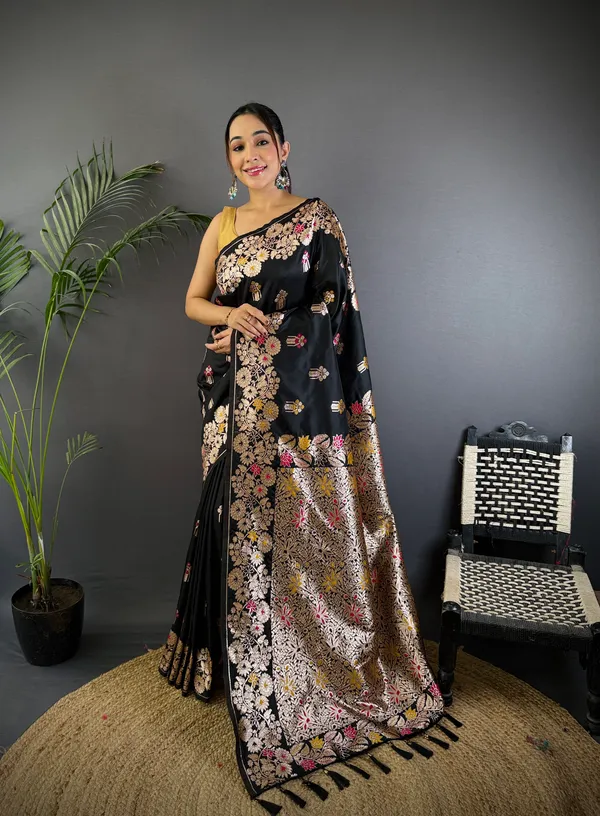 Black_Banarasi_Silk_Saree_With_Unstitched_Blouse_Piece_|_For_Women