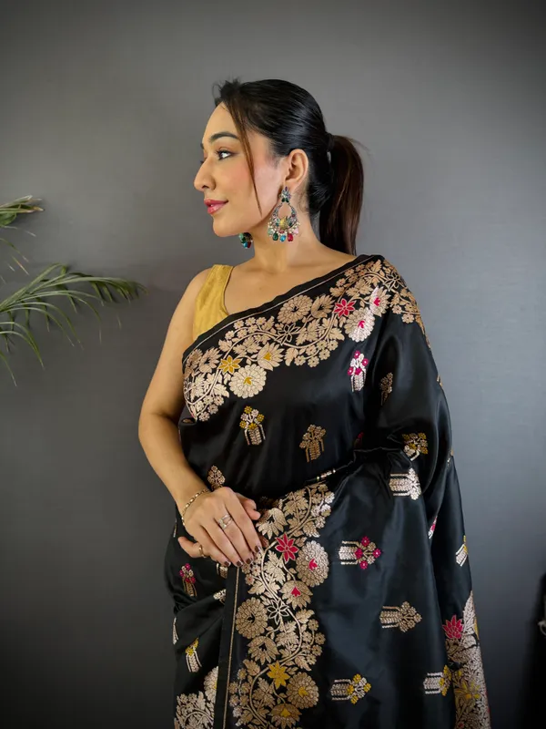 Black_Banarasi_Silk_Saree_With_Unstitched_Blouse_Piece_|_For_Women