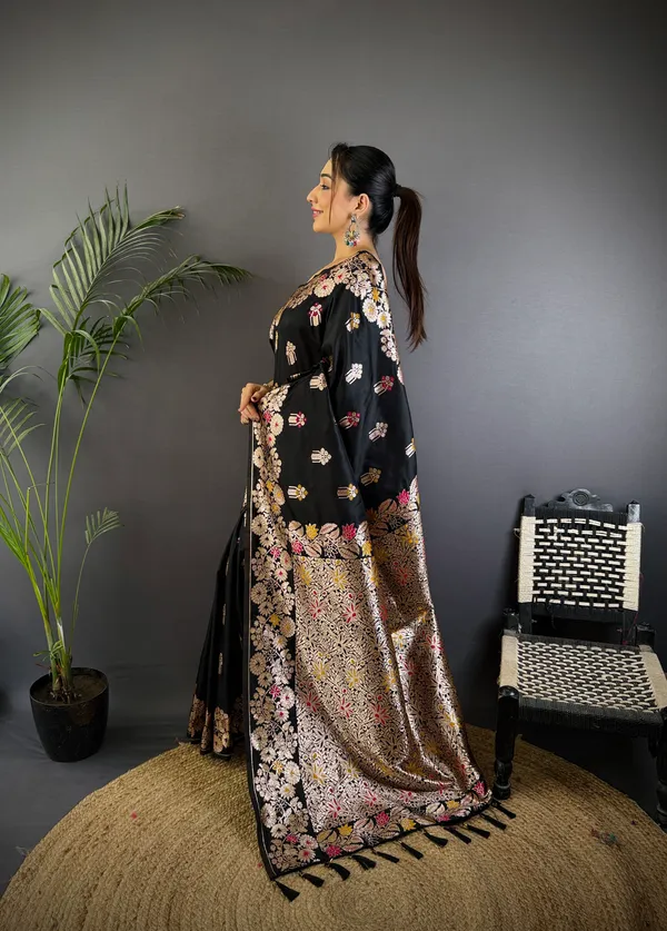 Black_Banarasi_Silk_Saree_With_Unstitched_Blouse_Piece_|_For_Women