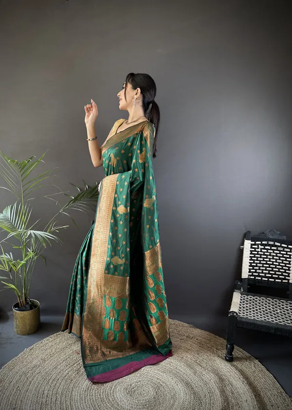Bottle_Green_Banarasi_Silk_Saree_With_Unstitched_Blouse_Piece_|_For_Women