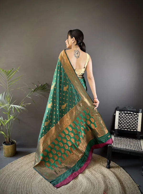 Bottle_Green_Banarasi_Silk_Saree_With_Unstitched_Blouse_Piece_|_For_Women