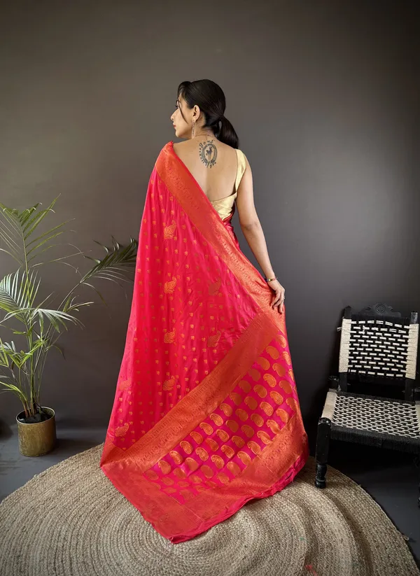 Strawberry_Red_Banarasi_Silk_Saree_With_Unstitched_Blouse_Piece_|_For_Women