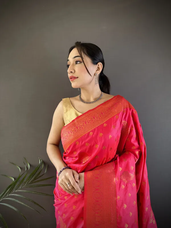 Strawberry_Red_Banarasi_Silk_Saree_With_Unstitched_Blouse_Piece_|_For_Women