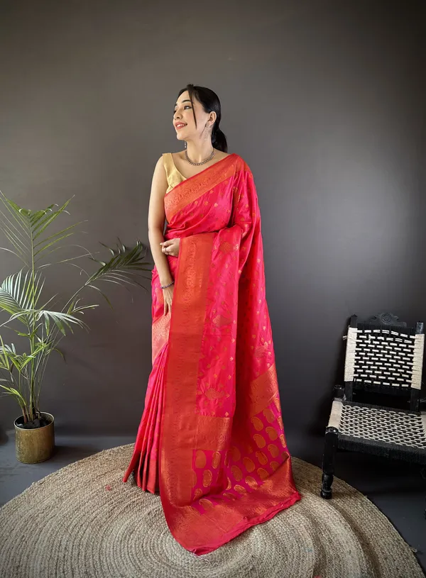 Strawberry_Red_Banarasi_Silk_Saree_With_Unstitched_Blouse_Piece_|_For_Women