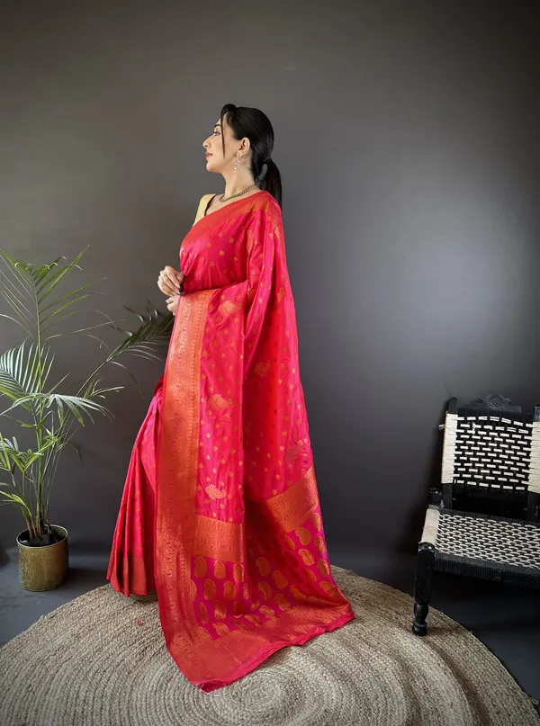 Strawberry_Red_Banarasi_Silk_Saree_With_Unstitched_Blouse_Piece_|_For_Women