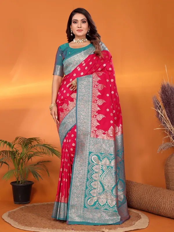 Strawberry_Red_Banarasi_Silk_Saree_With_Unstitched_Blouse_Piece_|_For_Women