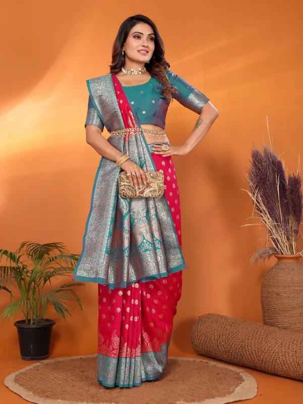 Strawberry_Red_Banarasi_Silk_Saree_With_Unstitched_Blouse_Piece_|_For_Women