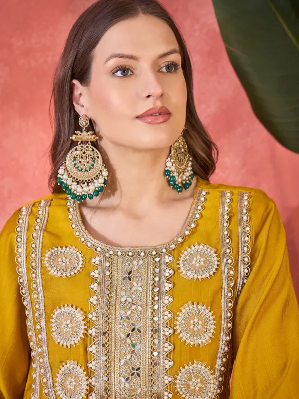 Floral_Embroidered_&_Sequinned_A-Line_Kurta_With_Palazzos_&_Bag_Kurta_Set