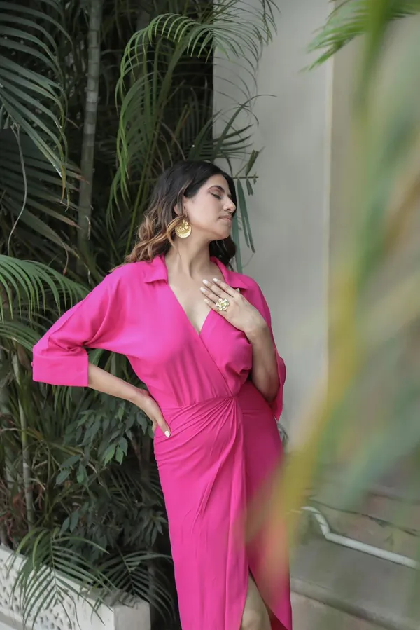 Hot_Pink_Gathered_Overlapped_Shirt_Style_Maxi_Dress