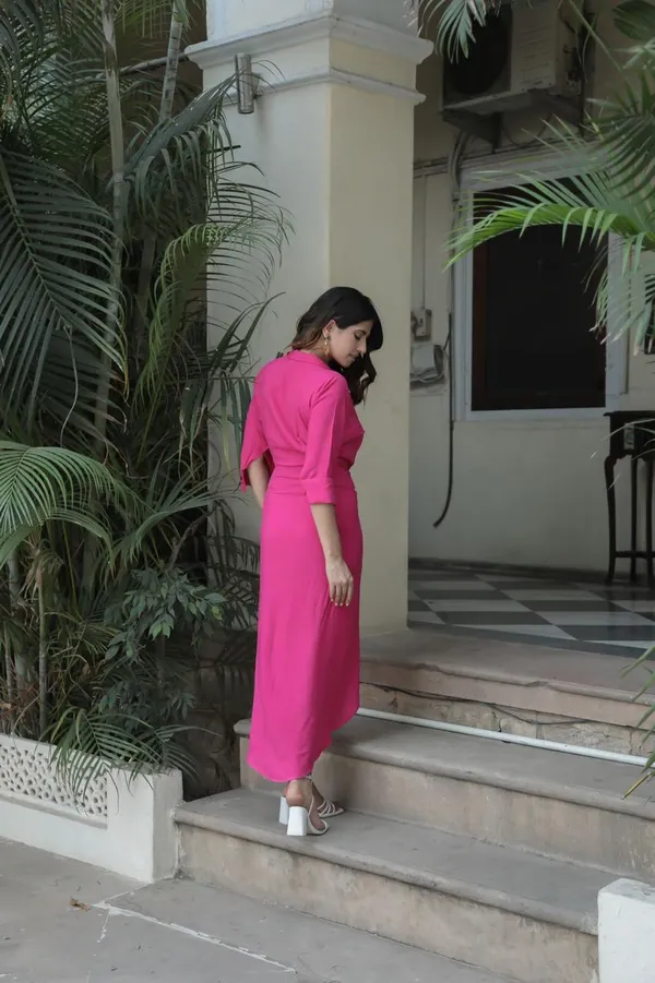 Hot_Pink_Gathered_Overlapped_Shirt_Style_Maxi_Dress