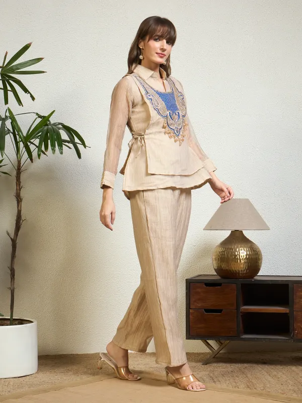 Women_Beige_Emblished_Zardosi_Patchwork_Layered_Co-Ord_Set_with_Wide-Leg_Pants_For_Elegant_Festive_&_Party_Wear