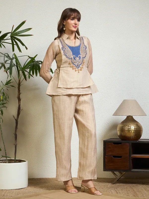 Women_Beige_Emblished_Zardosi_Patchwork_Layered_Co-Ord_Set_with_Wide-Leg_Pants_For_Elegant_Festive_&_Party_Wear