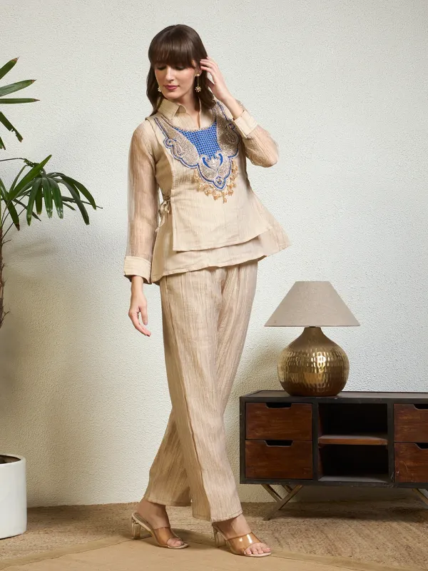 Women_Beige_Emblished_Zardosi_Patchwork_Layered_Co-Ord_Set_with_Wide-Leg_Pants_For_Elegant_Festive_&_Party_Wear