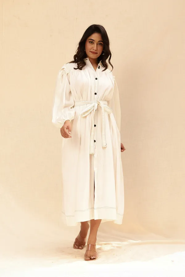 White_Button-Down_Midi_Dress_With_Belt