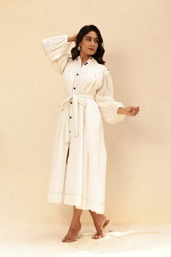 White_Button-Down_Midi_Dress_With_Belt