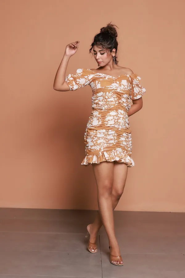 Mustard_Ruched_Off-Shoulder_Dress