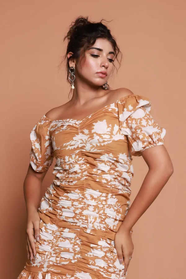 Mustard_Ruched_Off-Shoulder_Dress
