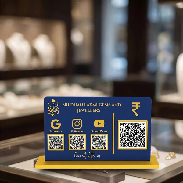 4_QR_NFC_Enabled_Horizontal_Blue_Colour_QR_Standee_with_Payment_QR_For_Jewellers.