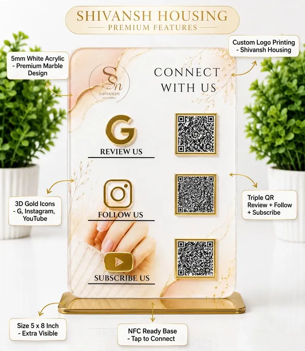Premium_5x8_Triple_QR_Standy_with_Gold_Icons_-_Google_Review_+_Instagram_+_YouTube