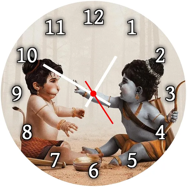 Multicolour_Ram_&_Hanuman_Jodi_Round_Mdf_Wooden_Wall_Clock_Without_Glass_(28_Cm_X_28_Cm_X_1.5_Cm)