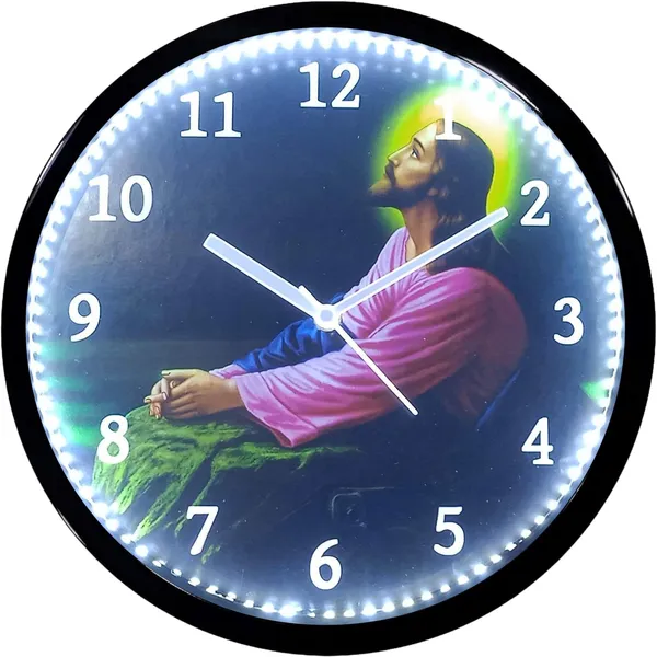 White_Black_Jesus_Led_Light_Abs_Plastic_Wall_Clock_With_Glass_In_Front