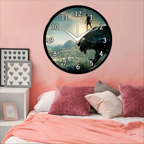Multicolour_Round_Wall_Clock_Black_Panther_Ji_26_X_26_X_6_Cm,_Abs_Plastic_Frame_With_Glass_Front_Modern_Decorative_Clock_For_Home,_Office,_Living_Room