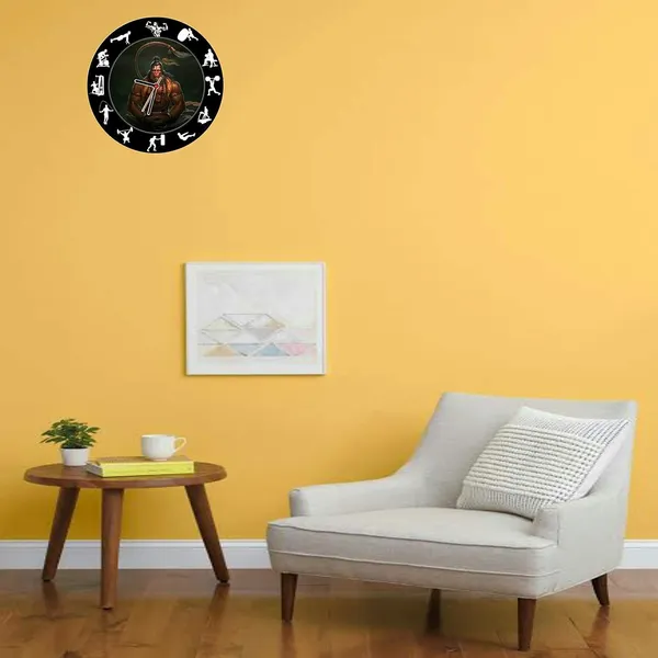 Multicolour_Hanuman_Ji_Gym_Theme_Round_Wall_Clock_28_Cm_|Wooden_Designer_Wall_Clock_For_Home,Living_Room,Hall,Cafe,Gym_|_Spiritual_&_Fitness_Motivational_Wall_Decor_Wood_Clock_Without_Glass