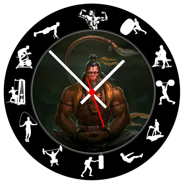 Multicolour_Hanuman_Ji_Gym_Theme_Round_Wall_Clock_28_Cm_|Wooden_Designer_Wall_Clock_For_Home,Living_Room,Hall,Cafe,Gym_|_Spiritual_&_Fitness_Motivational_Wall_Decor_Wood_Clock_Without_Glass