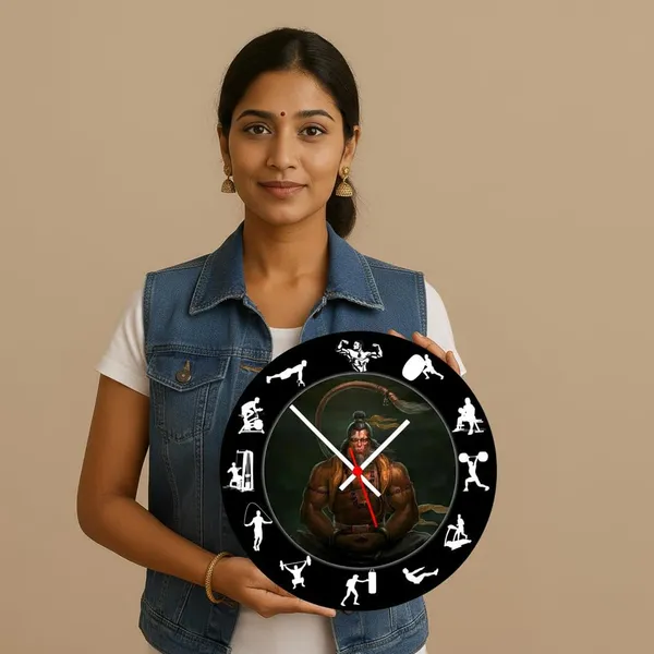 Multicolour_Hanuman_Ji_Gym_Theme_Round_Wall_Clock_28_Cm_|Wooden_Designer_Wall_Clock_For_Home,Living_Room,Hall,Cafe,Gym_|_Spiritual_&_Fitness_Motivational_Wall_Decor_Wood_Clock_Without_Glass