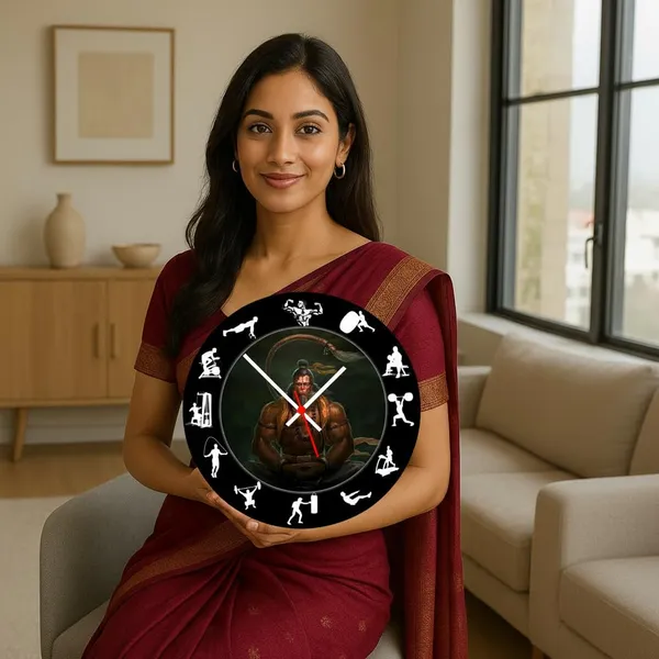 Multicolour_Hanuman_Ji_Gym_Theme_Round_Wall_Clock_28_Cm_|Wooden_Designer_Wall_Clock_For_Home,Living_Room,Hall,Cafe,Gym_|_Spiritual_&_Fitness_Motivational_Wall_Decor_Wood_Clock_Without_Glass