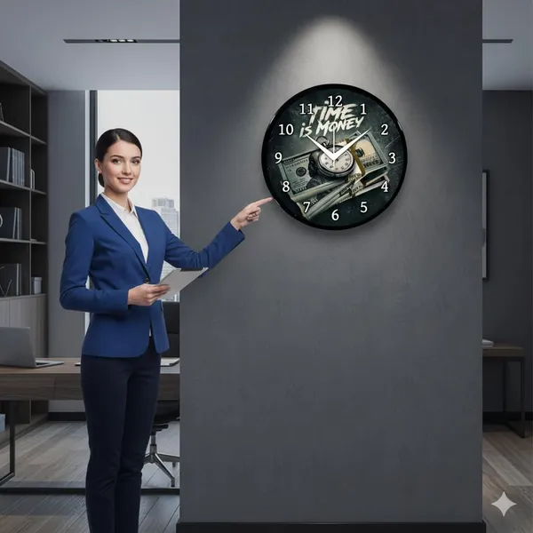 Multicolour_Time_Is_Money_Motivational_Wall_Clock_|_Round_Analog_Decorative_Clock_With_Abs_Plastic_Frame_&_Glass_Front_|_Silent_Tik-Tik_Movement_For_Home,_Bedroom,_Living_Room_&_Office_(26_X_26_X_6_Cm)